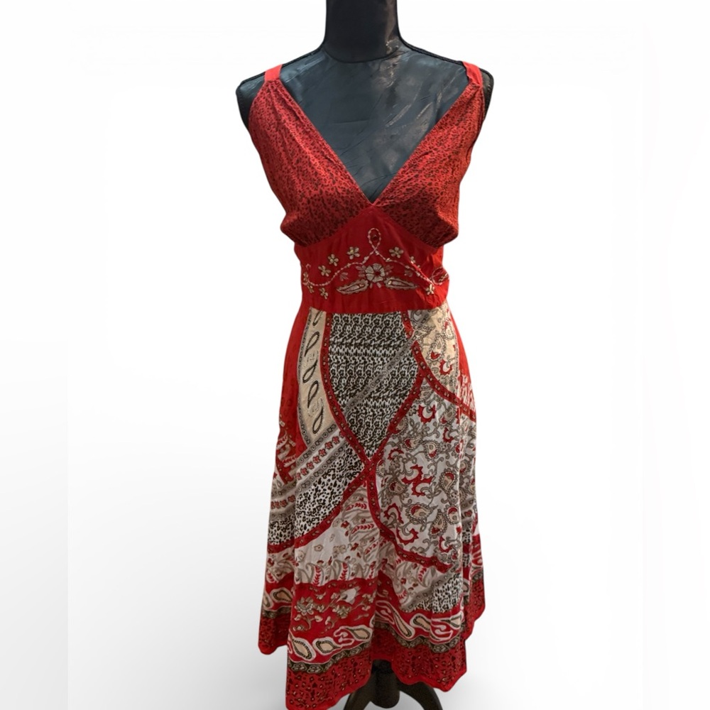 Mlle Gabrielle Red Boho Patchwork Midi Dress 2x S… - image 2